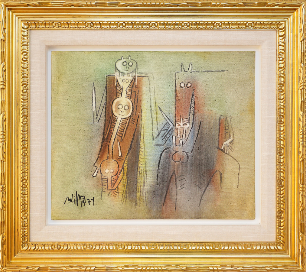 <br><br>
WIFREDO LAM (1902  1982)<br>
Untitled [The Couple]<br>
(<i>Sin Ttulo [La Pareja] </i>), 1974<br>
oil on canvas <br>
17  x 21  inches<br><br><br>
Illustrated in <i>IMPORTANT CUBAN ARTWORKS,</i> Volume Eighteen, page 35.<br><br>

<i>Provenance: </i><br>
Lou Laurin Lam Family Collection,
Stockholm, Sweden; Private Collection, Sverige, Sweden.<br><br>

Illustrated in <i>Wifredo Lam: Catalogue Raisonn of the Painted Work, Volume II, <br>1961-1982, </i>
Project Director Eskil Lam, Acatos, 2002, page 443, no. 74.20.<br><br>

Exhibited in <i>WIFREDO LAM (1902-1982) The Mature Period: Twenty-One Paintings, Ceramics,<br> and Sculptures from 1955 to 1970's, Cernuda </i> Arte, Coral Gables, FL, Oct. 2021  Feb. 2022.<br><br><font color=red><b>AVAILABLE</font></b>
<br><br><br>
<br><br>