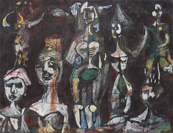 Ren Portocarrero<br>Figuras de Carnaval<br>(<i>Carnival Figures</i>), 1952<br>mixed media on board<br>14 1/2 x 18 3/4 inches</br><br>Provenance: Acquired directly from the artist by Joseph Cantor; Sotheby's, Latin American Art Auction, New York, May 30, 1984, lot 224 (illustrated in the corresponding catalog); Dr. Luis Fernndez Rocha Collection, Coral Gables, Florida; Navarre Fine Arts, Coral Gables, Florida