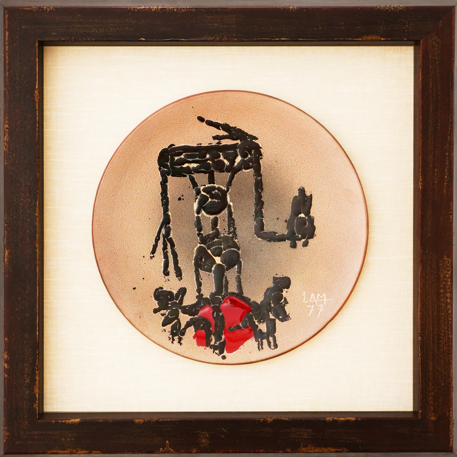 <br><br>
WIFREDO LAM (1902 � 1982) <br>
Untitled [Figure and Bird] <br>
(<i>Sin T�tulo [Figura y P�jaro] </i>), 1977 <br>
one-of-a-kind terracota, hand painted by the artist <br>
16 inches in diameter <br>
signed lower-right, dated lower-right. <br><br>$48,000.00<br><br>
Illustrated in <i>IMPORTANT CUBAN ARTWORKS,</i> Volume Eighteen, page 41.<br><br>

Exhibited at the Danmark Keramikmuseum, Museum of International<br> 
Ceramic Art, Denmark, 2007, and illustrated in the corresponding <br>
catalog, page 96.<br><br>

Exhibited in <i>WIFREDO LAM (1902-1982) The Mature Period: Twenty-One <br>
Paintings, Ceramics, and Sculptures from 1955 to 1970's, Cernuda</i> Arte, <br>Coral Gables, FL, Oct. 2021 � Mar. 2022.<br>
<br>
<font color=red><b>AVAILABLE </font></b>
<br><br><br><br><br>
