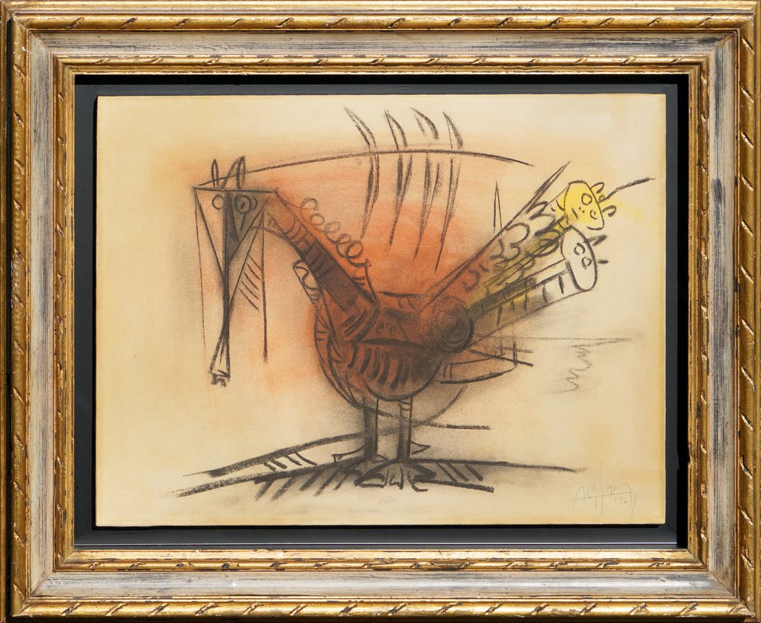 <br><br>WIFREDO LAM (1902  1982)<br>
Untitled [Bird]<br>
(<i>Sin Ttulo [Pjaro]</i>), 1964<br>

pastel on heavy paper laid down on canvas<br>
19 x 25 inches<br><br><br>
Illustrated in <i>IMPORTANT CUBAN ARTWORKS,</i> Volume Fourteen, page 36b.<br><br>

This artwork is accompanied by a photo-certificate of authenticity<br> signed by Madame Lou Laurin Lam, widow of the artist, <br>dated September 22, 2011.<br><br>
Exhibited in <i>WIFREDO LAM (1902-1982) The Mature Period: Twenty-One <br>
Paintings, Ceramics, and Sculptures from 1955 to 1970's, Cernuda</i> Arte, <br>Coral Gables, FL, Oct. 2021  Mar. 2022.<br><br>

<font color=red><b>AVAILABLE </font></b><br><br><br>