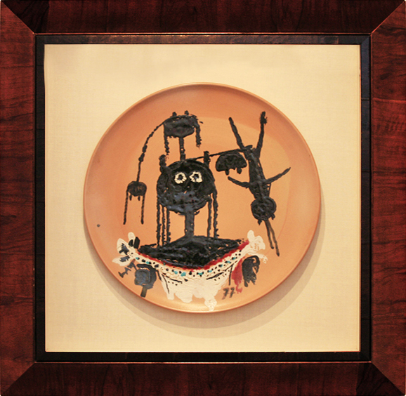 <br><br>WIFREDO LAM (1902 � 1982)<br>
Untitled [Woman and Personages] <br>
(<i>Sin T�tulo [Mujer y Personajes]</i> ), 1977<br>
one-of-a-kind terracotta plate <br>
hand painted by the artist <br>
20 � inches in diameter <br>
signed lower-left, dated lower-right <br><br>$48,000.00<br><br>

Illustrated in <i>IMPORTANT CUBAN ARTWORKS,</i> Volume Eighteen, page 40.<br><br>

<i>Provenance:</i> <br>
Ceramiche, San Giorgio, Albisola, Italy. <br><br>

This artwork is illustrated in the book <i>La Storia delle Ceramiche <br>
San Giorgio, 1958-2008,</i> Simona Poggi, Stereo Edizoni, 2008, <br>
page 225.
<br><br> 
Exhibited in <i>Cuban Art in the 20th Century: Cultural Identity and<br> the
International Avant Garde, </i>at the Florida State Museum of Fine Arts, <br>
Tallahassee, FL, February 12 to March 27, 2016,  and illustrated on page <br>
81 of the exhibition catalog. <br><br>

Also exhibited in <i>Cuban Art in the 20th Century: Cultural Identity and<br>
the International Avant Garde</i> at the Coral Gables Museum, Coral Gables, <br>FL, January 23 to April 23, 2017. <br><br>

Exhibited in <i>Remember to React: 60 Years of Collecting,</i><br>
NSU Art Museum, Fort Lauderdale, FL, September 9, 2018 to October 30, <br> 2019.<br><br> 

Exhibited in <i>WIFREDO LAM (1902-1982) The Mature Period: Twenty-One <br>Paintings, Ceramics, and Sculptures from 1955 to 1970's,<br> Cernuda</i> Arte, Coral Gables, FL, Oct. 2021 � March 2022.<br><br>

This artwork is accompanied by a Photo-Certificate of Authenticity, <br>signed by Madame Lou Laurin Lam, dated June 28, 2008, no. 08-08.<br>
<br>
<font color=red><b>AVAILABLE </font></b>
<br><br><br><br><br>
