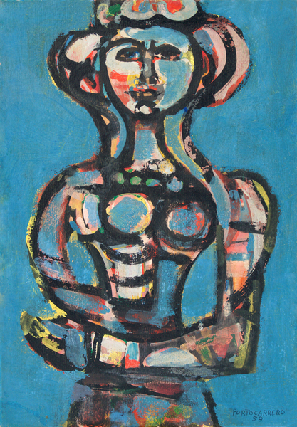 <b>Ren� Portocarrero</b><br>
Figura en Fondo Azul<br>
<i>(Figure in Blue Background)</i><br>
1959<br>
mixed media on heavy paper laid down on canvas<br>
20 x 13 inches<br><br>