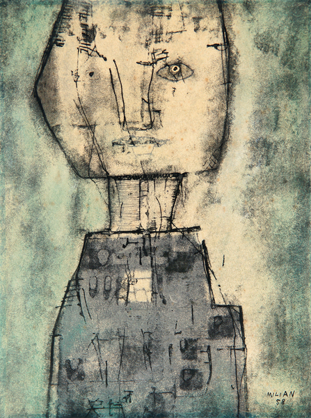 <b>Ra�l Mili�n</b><br> 
Rostro en Fondo Verde<br>
<i>(Face in Green Background)</i><br>
1958<br>
mixed media on heavy paper laid down on board<br>
14 7/8 x 11 inches<br><br>

<i>Provenance:</i><br>
The William Bowdler Collection. <i>Ambassador William Bowdler arrived to Havana in 1957, where he was appointed Political Officer in the Embassy of the United States. He remained there until 1961. During his time in Cuba, he befriended various top artists and leading collectors on the island, and was especially friendly with Cundo Berm�dez, Ren� Portocarrero, Ra�l Mili�n, Roberto Estopi��n, and Amelia Pel�ez. He compiled an extraordinary collection of works, acquired mainly directly from the artists themselves.]</i><br><br>

<i>Illustrations:</i><br>
Illustrated in <i>Important Cuban Artworks, Volume Twelve, Cernuda</i> Arte, Coral Gables, Florida, November 2014,  page 85.