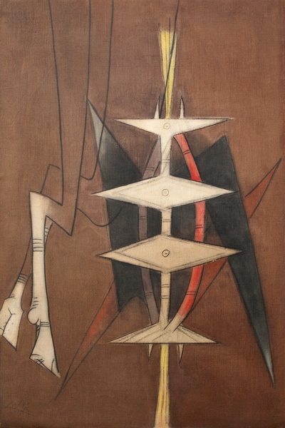 <b>Wifredo Lam</b><br>
T�tem <br>
<i>(Totem)</i>, 1951<br>
oil on canvas<br>
35 3/4 x 23 3/4 inches<br><br>

<i>Provenance:</i><br>
Galleria Ferrari, Treviglio, Italy. <br>
C. Bruni, Roma.<br><br>

<i>Exhibitions:</i><br>
This painting was exhibited in <i>Wifredo Lam in North America</i> at the <i>Haggerty Museum of Art</i>, Marquette University, Milwaukee, Wisconsin, October 11, 2007 to January 21, 2008; was then exhibited at <i>Miami Art Museum</i>, Miami, Florida, Februrary 8, 2008 to May 18, 2008; exhibited at <i>Museum of Latin American Art</i>, Long Beach, California, June 12 to August 31, 2008, and exhibited at <i>Salvador Dali Museum</i>, St. Petersburg, Florida, October 2, 2008 to January 10, 2009.<br><br>

<i>Illustrations:</i><br>
This painting is illustrated in <i>Wifredo Lam: Catalogue Raisonn� of the Painted Work, Volume I, 1923-1960</i>, Project Director: Eskil Lam, Acatos 1996, page 441, no. 51.15.<br><br>

This painting is also illustrated in <i>Wifredo Lam in North America</i>,  with essays by Curtis L. Carter, Lowery Stokes Sims, Dawn Ades, Valerie J. Fletcher, Edward Lucie-Smith and Lou Laurin Lam, published by <i>Haggerty Museum of Art</i>, Marquette University, Milwaukee, Wisconsin, page 126, no.52.<br><br>

Also illustrated in <i>Important Cuban Artworks, Volume Ten, Cernuda</i> Arte, Coral Gables, Florida, December 2012, page 28.<br><br>

This artwork will be illustrated in the upcoming, <i>Important Cuban Artworks, Volume Thirteen, Cernuda</i> Arte, Coral Gables, Florida.
