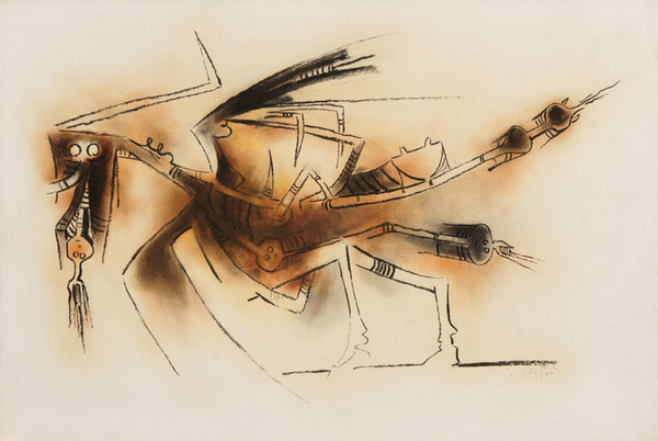 <b>Wifredo Lam</b><br>
Sin Ttulo [Personaje al Atardecer]<br>
<i>(Untitled [Personnage at Dusk])</i>, 1970<br>
pastel on heavy paper laid down on board<br>
26 3/8 x 39 1/4 inches<br><br>

<i>Provenance:</i><br>
Romano Lorenzin Collection, Italy;<br>Gianni Donati Collection, Italy.<br><br>

<i>Illustrations:</i><br>
Illustrated in <i>Important Cuban Artworks, Volume Twelve, Cernuda </i>Arte, Coral Gables, Florida, November 2014, page 50.<br><br>

This artwork is accompanied by a photo-certificate of authenticity signed by Monsieur Eskil Lam, dated January 8, 2014, no. 14-01.
