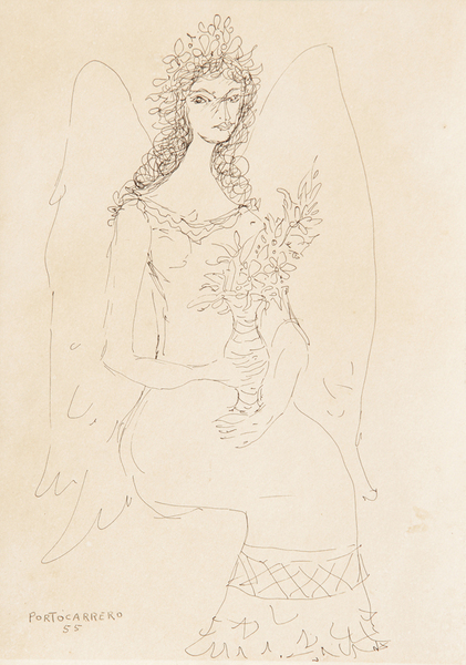 Ren Portocarrero<br>Angel con Florero<br>(<i>Angel with Flower Vase</i>), 1955<br>ink on heavy paper laid down on board<br>13 1/4 x 9 1/2 inches