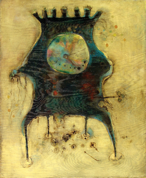 <b>Angel Acosta Le�n</b><br>
 Reloj <br>
<i>(Clock)</i>, ca 1960<br>
oil on plywood<br>
39 1/4 x 32 inches<br><br>

<i>Provenance:</i></br>
Private Collection, Miami, Florida.<br><br>

<i>Exhibitions:</i><br>
Exhibited in Sotheby�s Latin Art Auction, New York, NY, May 27, 2004, lot no. 156, and illustrated in the catalog, page 191.<br><br>

<i>Illustrations:</i><br>
Illustrated in <i>Important Cuban Artworks, Volume Three, Cernuda</i> Arte, Coral Gables, Florida, December 2004, page 42.<br><br>

Also illustrated in <i>Important Cuban Artworks, Volume Twelve, Cernuda</i> Arte, Coral Gables, Florida, November 2014, page 95.<br><br>
