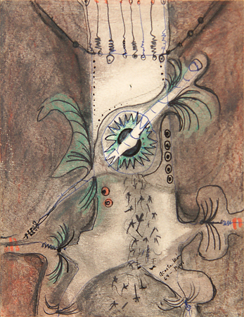 <b>Angel Acosta León</b><br>
Guarapera <br>
<i>(Sugar Cane Juice Machine)</i>, 1964<br>
mixed media on paper laid down on board<br>
5 3/8 x 4 1/8 inches<br><br>
<i>Provenance:</i><br>
Estate of Angel Acosta León.<br>
This artwork belonged to Eugenia Antonia Acosta León, sister of the artist.<br><br>
<i>Illustrations:</i><br>
Illustrated in <i>Important Cuban Artworks, Volume Twelve, Cernuda</i> Arte, Coral Gables, Florida, November 2014, page 92.<br><br>
Also illustrated in the book, <i>Angel Acosta León and His Magic</i>, by Dr. Rosa A. Chediak, page 169.<br><br>
This artwork is accompanied by a photo-certificate of authenticity signed by Eugenia Antonia Acosta León.