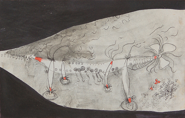 <b>Angel Acosta León</b><br>
Nave <br>
<i>(Vessel)</i>, ca 1962<br>
mixed media on paper laid down on board<br>
5 1/4 x 8 1/4 inches<br><br>
<i>Provenance:</i><br>
Estate of Angel Acosta León.<br>
This artwork belonged to Eugenia Antonia Acosta León, sister of the artist.<br><br>
<i>Illustrations:</i><br>
Illustrated in <i>Important Cuban Artworks, Volume Twelve, Cernuda</i> Arte, Coral Gables, Florida, November 2014, page 90.<br><br>
Also illustrated in the book, <i>Angel Acosta León and His Magic</i>, by Dr. Rosa A. Chediak, page 26.<br><br>
This artwork is accompanied by a photo-certificate of authenticity signed by Eugenia Antonia Acosta León.