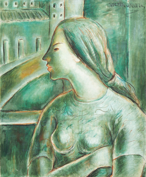 <b>V�ctor Manuel Garc�a </b><br>
Muchacha en Verde<br>
<i>(Young Lady in Green)</i>, 1958<br>
oil on canvas<br>
27 x 22 inches<br><br>

<i>Provenance:</i><br>
Private Collection, Coconut Grove, Florida.<br><br>

<i>Illustrations:</i><br>
Illustrated in <i>Important Cuban Artworks, Volume Twelve, Cernuda</i> Arte, Coral Gables, Florida, November 2014, page 37.
