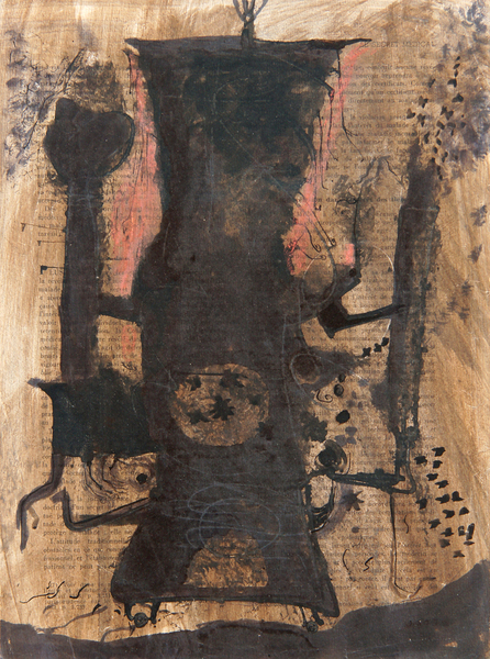 <b>Angel Acosta León</b><br>
La Cafetera Secreta <br>
<i>(The Secret Coffeepot)</i>, ca 1960<br>
mixed media on paper laid down on board<br>
10 1/2 x 8 inches<br><br>
<i>Provenance:</i><br>
Estate of Angel Acosta León.<br>
This artwork belonged to Eugenia Antonia Acosta León, sister of the artist.<br><br>
<i>Illustrations:</i><br>
Illustrated in <i>Important Cuban Artworks, Volume Twelve, Cernuda</i> Arte, Coral Gables, Florida, November 2014, page 88.<br><br>
Illustrated in the book, <i>Angel Acosta León and His Magic</i>, by Dr. Rosa A. Chediak, page 166.<br><br>
This artwork is accompanied by a photo-certificate of authenticity signed by Eugenia Antonia Acosta León.