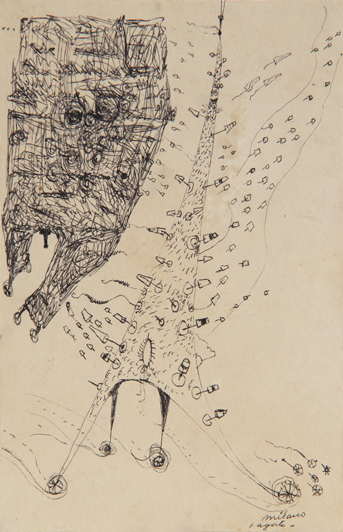 <b>Angel Acosta León</b><br>
La Torre Eiffel - Pirulí <br>
<i>(The Eiffel Tower - Pirulí Candy)</i>, ca 1963<br>
ink on paper laid down on board<br>
8 1/4 x 5 1/4 inches<br><br>
<i>Provenance:</i><br>
Estate of Angel Acosta León.<br>
This artwork belonged to Eugenia Antonia Acosta León, sister of the artist.<br><br>
This artwork is accompanied by a photo-certificate of authenticity signed by Eugenia Antonia Acosta León.