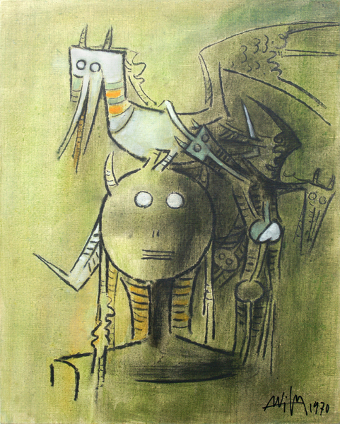 <b>Wifredo Lam</b><br>
 Sin T�tulo [Personaje con P�jaros]<br> 
<i>(Untitled [Personage with Birds])</i>, 1970<br>
oil on canvas<br>
19 3/4 x 15 3/4 inches<br><br>

This painting is signed and dated on the reverse.<br><br>

<i>Provenance: </i><br>
Private Collection, Turin, Italy.<br>
Acquired directly from the above by the previous owner in 2003<br><br>

<i>Illustrations:</i><br>
This painting is illustrated in <i>Wifredo Lam: Catalogue Raisonn� of the Painted Work, Volume II, 1961-1982</i>, Project Director: Eskil Lam, Acatos 2002, page 488, no. 70.109.<br><br>

This painting is accompanied by a photo-certificate of authenticity signed by Madame Lou Laurin Lam, dated June 10, 2002, no. 02-30.
