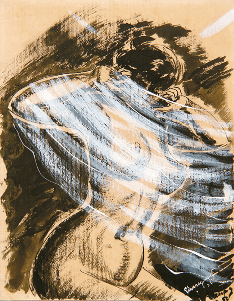 Carlos Enrquez<br>Desnudo Velado<br>(<i>Veiled Nude</i>), 1956<br>mixed media on heavy paper laid down on board<br>12 x 9 inches</br><br>
Provenance: Claudio & Saymelis Ferioli Collection, Italy.</br><br>This painting is illustrated in the book by Juan Martnez, Carlos Enrquez: The Painter of Cuban Ballads, 2010, in color, on page 258.