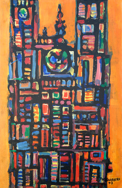 <b>René Portocarrero</b><br>
Catedral en Dorado <br>
<i>(Cathedral in Gold Background)</i>, 1959<br>
mixed media on board laid down on canvas<br>
20 x 13 inches<br><br>
<i>Provenance:</i><br>
Felipe Cossío del Pomar Collection, and then acquired by the Carlos Alberto Montaner Collection, Miami, Florida.