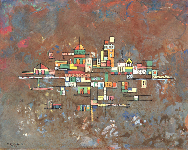 <b>Ren� Portocarrero </b><br>
Ciudad Flotante <br>
<i>(Floating City)</i>, 1952<br>
mixed media on heavy paper laid down on board<br>
11 x 13 3/4 inches<br><br>

<i>Provenance:</i><br>
Arq. Marcelo Narbona Collection, Panam� City, Panam�; 
<br>Joseph Cantor Collection, New York. <br><br>

<i>Exhibitions:</i><br>
Exhibited at Sotheby�s Important American Paintings, New York, May 29- 30, 1984.<br><br>

<i>Illustrations:</i><br>
Illustrated in <i>Important Cuban Artworks, Volume Twelve, Cernuda </i>Arte, Coral Gables, Florida, November 2014, page 30.
