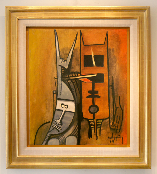 WIFREDO LAM<br>
Untitled [New Presence]</br>
<i>(Sin T�tulo [Nueva Presencia])</i>, 1974<br>
oil on canvas</br>
23 1/2 x 19 3/4 inches<br><br>

Illustrated in IMPORTANT CUBAN ARTWORKS, Volume Thirteen, page 30.<br><br>

<i>Exhibitions:<i><br>
Exhibited in <i>Lam<i>, Gissi Gallery, Turin, Italy, 1978, no. 18.<br><br> 

<i>Illustrations:<i><br>
Illustrated in <i>Wifredo Lam: Catalogue Raisonn� of the<i><br> 
<i>Painted Work, Volume II, 1961-1982,<i> Project Director:<br> 
Eskil Lam, Acatos 2002, page 461, no. 74.109. <br><br>

This painting is accompanied by a photo-certificate of <br>
authenticity signed by the artist, dated 1977.
