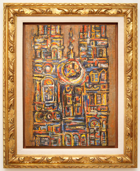 RENÉ PORTOCARRERO<br>
Cathedral in Sienna</br>
<i>(Catedral en Siena)</i>, 1961<br>
oil on canvas</br>
31 1/8 x 23 inches<br><br>
Illustrated in IMPORTANT CUBAN ARTWORKS, Volume Thirteen, page 63.<br><br>
<i>Exhibtions:<i><br>
Exhibited in <i>René Portocarrero, Exposición<i><br>
<i>Retrospectiva,<i> National Museum of Fine Arts,<br>
Havana, Cuba, July 19, 1967, and listed in <br>
the accompanying catalog, no.174. A partial <br>
exhibition label for this show can be found <br>
on the reverse of the painting.<br>