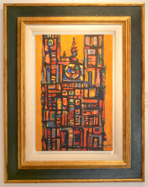 RENÉ PORTOCARRERO<br>
Cathedral in Gold Background</br>
<i>(Catedral en Dorado)</i>, 1959<br>
mixed media on board laid down on canvas</br>
20 x 13 inches<br><br>
Illustrated in <i>IMPORTANT CUBAN ARTWORKS, Volume Thirteen,</i><br>
page 62.<br><br>
<i>Provenance:</i><br>
Felipe Cossío del Pomar Collection, Madrid, Spain, and then<br> acquired by the Carlos Alberto Montaner Collection,<br> Miami, Florida.