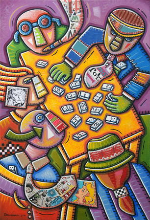 ALFREDO SOSABRAVO<br>
Domino Players</br>
<i>(Jugadores de Domin�)</i>, 2015<br>
oil and collage on canvas</br>
55 x 37 1/2 inches<br><br>

Illustrated in <i>IMPORTANT CUBAN ARTWORKS,<br> Volume Thirteen,</i> page 133.
