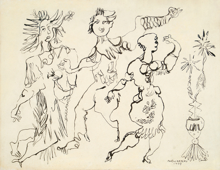 REN� PORTOCARRERO<br>
Dancers</br>
<i>(Bailarines)</i>, 1947<br>
mixed media on heavy paper laid down on board</br>
14 x 18 inches<br><br>

Illustrated in IMPORTANT CUBAN ARTWORKS, Volume Thirteen, page 56.<br><br>

<i>Provenance:<i><br> 
Collection, Rome, Italy.
