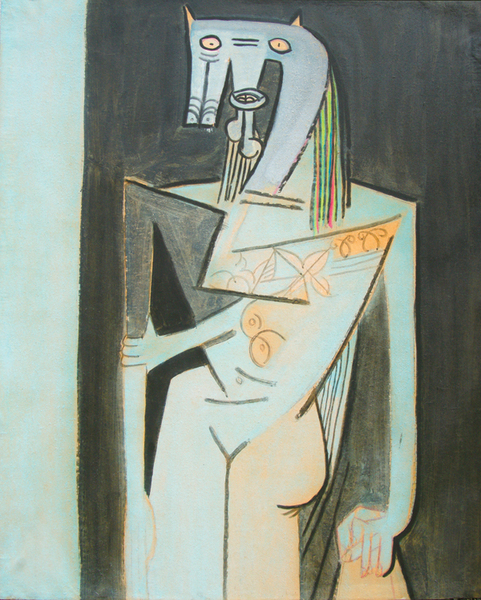 Wifredo Lam<br>Mujer de Pie<br>(<i>Standing Woman</i>), 1944<br>mixed media on paper laid down on canvas<br>42 x 33 3/4 inches</br><br>
Exhibited in Lam, Galleria Ferrari, Treviglio, Italy, 1988, and illustrated in the exhibition catalog.</br><br>Exhibited in Wifredo Lam, Un Percorso, Galleria Gruppo Credito Valtellinese, Refettorio delle Stelline, Milano, Italy,
November 2002, and at Museo di Storia e Arte, Palazzo Sassi de Lavizzari, Sondrio, Italy, January 2003.</br><br>Illustrated in the exhibition catalog, Wifredo Lam, Cuba Italia. Un Percorso, Silvanna Editoriale, 2002, page 63.
Exhibited in Wifredo Lam, LOiseau du Possible, Galerie Boulakia, May 2004, and illustrated in the exhibition catalog, page 47.</br><br>This painting is illustrated in Wifredo Lam: Catalogue Raisonn of the Painted Work, Volume I, 1923-1960, Acatos, Project Director: Eskil Lam, page 342, no. 44.07.</br><br>This painting is accompanied by a photo-certificate of authenticity signed by Lou Laurin Lam, dated May 11, 2011 and no. 11.11.