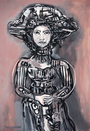 RENÉ PORTOCARRERO<br>
Lady with Hat in Gray-Pink Background</br>
<i>(Dama con Sombrero en Fondo Gris Rojo)</i>, 1975<br>
mixed media on heavy paper laid down on canvas</br>
29 x 20 inches<br><br>
<b><FONT COLOR=red>SOLD</FONT></b>
<br><br>
Illustrated in IMPORTANT CUBAN ARTWORKS, Volume Thirteen, page 61.<br><br>