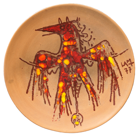 WIFREDO LAM<br>
Untitled (Bird of the Sun)</br>
<i>[Sin Ttulo (Pjaro de Sol)]</i>, 1977<br>
one-of-a-kind ceramic plate</br>
20 1/4 inches in diameter<br><br>
Illustrated in <i>IMPORTANT CUBAN ARTWORKS, Volume Thirteen</i>, page 31.<br><br>
Signed and dated on the front; <br>
On the back, <i>Ceramiche S. Giorgio, Albisola.</i><br><br>
<i>Provenance:</i><br> 
Picona Galleria, Savona, Italy;<br> 
Private Collection, Genoa, Italy; <br>
Cernuda Arte, Coral Gables, Florida.<br><br>
<i>Exhibitions:</i><br>
Exhibited in <i>Wifredo Lam, Cuba-Italia, Un Percorso,</i> Gallerie<br> Gruppo Credito Valtellinese, Milan, Italy; also shown at Palazzo<br> Sertoli and Museo de Storia e Arte, Palazzo Sassi DeLavizzari,<br> Sondrio, Italy, November 2002-January 2003. Illustrated on page<br> 158 of the corresponding catalog. <br><br>
This work is registered in the Archives Wifredo Lam, Paris, France.
