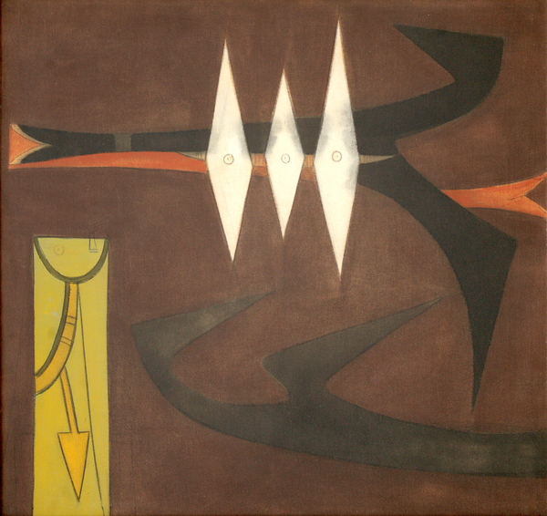 WIFREDO LAM<br>
Birds<br>
<i>(Pajaros)</i>, ca 1950<br>
oil on canvas<br>
39 x 40 inches<br><br>
Illustrated in the upcoming IMPORTANT CUBAN ARTWORKS, Volume Fourteen.<br><br>
<i>Provenance:</i><br>
CDS Gallery, New York.<br>
Private Collection, Caracas, Venezuela.<br><br>
<i>Exhibitions:</i><br>
Exhibited in Museo de Bellas Artes, Caracas, Venezuela, 1955.<br>
Exhibited in <i>Wifredo Lam,</i> at the Museo Nacional Centro de Arte Reina Sofía,<br> September 29 through December 14, 1992. Also traveled to the Fundación Joan<br> Miró, Barcelona, January 21 through March 28, 1993. <br>
Exhibited in <i>Wifredo Lam in North America</i> at the Haggerty Museum of Art,<br> Marquette University, Milwaukee, Wisconsin, Oct. 2007 - Jan. 2008. An<br> Exhibition that also traveled to the Miami Art Museum, Florida, Feb. - May 2008,<br> Exhibited at Museum of Latin American Art, Long Beach, California, June - Aug.<br> 2008, And exhibited at Salvador Dalí Museum, St. Petersburg,<br> Florida, Oct. 2008 - Jan. 2009.<br><br>
<i>Illustrations:</i><br>
Illustrated in <i>Oeuvres Recientes de Wifredo Lam,</i> Cahiers d’Art, num. XXVI, Paris,<br> 1951, page 186.<br>
Illustrated in <i>Wifredo Lam: Catalogue Raisonné of the Painted Work, Volume I,<br> 1923-1960</i>, Acatos, Project Director: Eskil Lam, page 432, no.50.45.<br>
Illustrated in <i>Wifredo Lam in North America,</i> published by the Haggerty<br> Museum of Art on page 121, ill. 47.<br>
Illustrated in <i>Wifredo Lam,</i> published by Museo Nacional Centro de Arte Reina<br> Sofía, on page 122.<br><br>
This painting is accompanied by a photo certificate of<br>
authenticity signed by the artist, dated November 21, 1955.