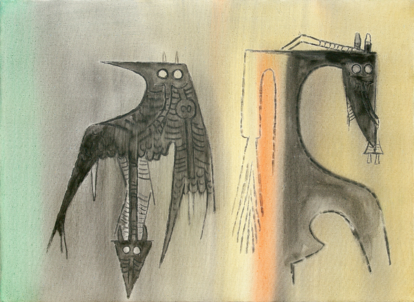 WIFREDO LAM <br>
At The End of The Question<br>
<i>(Al Final de la Pregunta)</i>, ca. 1971<br>
oil on canvas<br>
19 � x 27 � inches<br><br>

<i>Provenance:</i><br>
Private Collection, Milan, Italy.<br><br>

<i>Exhibitions:</i><br>
Exhibited in <i>Lam,</i> Galleria Gissi, Turin, Italy, 1978, ill. no. 4.<br><br>

<i>Illustrations:</i><br>
Illustrated in <i>Wifredo Lam: Catalogue Raisonn� of the Painted<br> Work, Volume II, 1961-1982</i>, Project Director:  Eskil Lam, Acatos,<br> 2002, page 348, no. 71.04.
