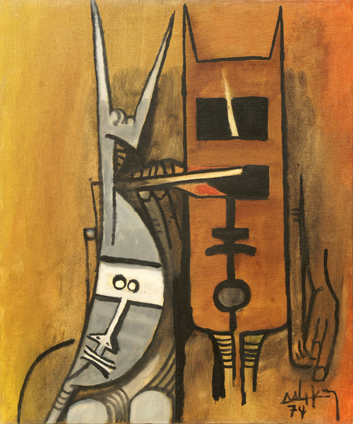 WIFREDO LAM<br> 
Untitled [New Presence]<br>
<i>(Sin T�tulo [Nueva Presencia]),</i> 1974<br>
oil on canvas<br>
23 � x 19 � inches<br><br>

Illustrated in IMPORTANT CUBAN ARTWORKS, Volume Thirteen, page 30.<br><br>

<i>Exhibitions:</i><br>
Exhibited in <i>Lam</i>, Gissi Gallery, Turin, Italy, 1978, no. 18.<br><br> 

<i>Illustrations:</i><br>
Illustrated in <i>Wifredo Lam: Catalogue Raisonn� of the<br> 
Painted Work, Volume II, 1961-1982</i>, Project Director: <br>
Eskil Lam, Acatos 2002, page 461, no. 74.109. <br><br>

This painting is accompanied by a photo-certificate of <br>
authenticity signed by the artist, dated 1977.<br>
