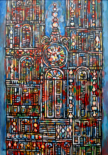 REN� PORTOCARRERO<br> 
Cathedral in Blue <br>
<i>(Catedral en Azul)</i>, 1975<br>
mixed media on heavy paper laid down on canvas<br>
30 x 21 inches<br><br>

Illustrated in the upcoming IMPORTANT CUBAN ARTWORKS, Volume Fourteen.

