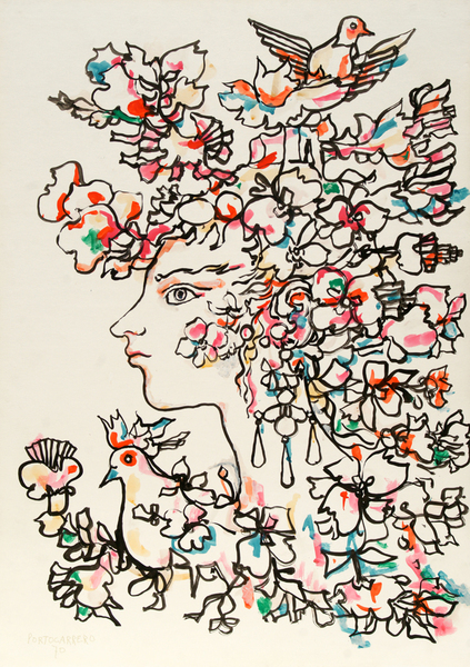 REN PORTOCARRERO <br>
Woman with Doves<br>
<i>(Mujer con Palomas)</i>, 1970<br>
mixed media on heavy paper laid down on board<br>
28  x 20 inches<br><br>

Illustrated in IMPORTANT CUBAN ARTWORKS, Volume Thirteen, page 71.

