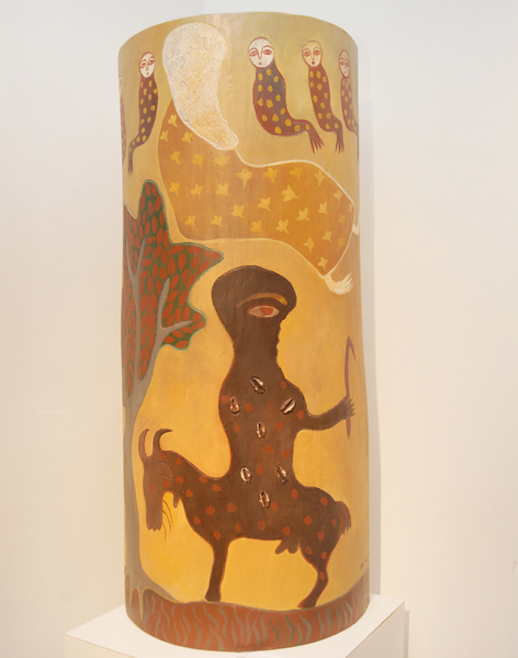 MANUEL MENDIVE <br>
Eggun and Elegu�<br>
<i>(Eggun y Elegu�)</i>, 2015<br>
acrylic on royal palm trunk<br>
32 x 13 � x 6 � inches<br><br>

Illustrated in IMPORTANT CUBAN ARTWORKS, Volume Nine, page 104.
