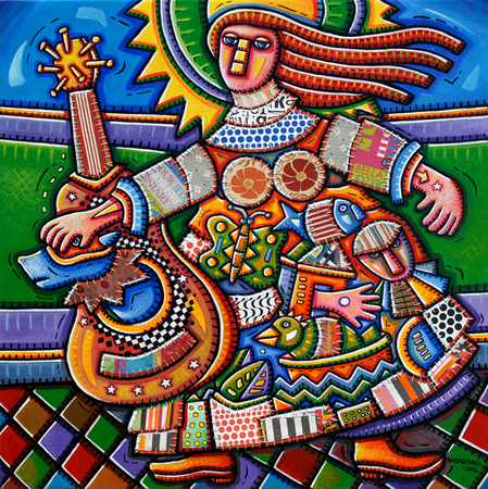 ALFREDO SOSABRAVO <br>
Dressed for a Party<br>
<i>(Vestida de Fiesta)</i>, 2016<br>
oil and collage on canvas<br>
47 1/8 x 47 1/4 inches<br><br>

<i>Provenance:</i> <br>
Acquired directly from the artist.
