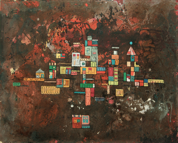 Ren Portocarrero<br>Ciudad Flotante<br>(<i>Floating City</i>), 1952<br>mixed media on cardboard laid down on canvas<br>12 x 16 3/4 inches