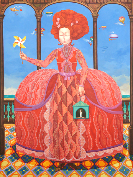 IRINA ELÉN GONZÁLEZ <br>
Under the Winds of Change<br>
<i>(A la Luz de los Nuevos Vientos)</i>, 2016<br>
mixed media on canvas<br>
63 x 47 ¼ inches<br><br>
Illustrated in the upcoming IMPORTANT CUBAN ARTWORKS, Volume Fourteen.<br><br>
<i>Provenance: </i><br>
Acquired directly from the artist.