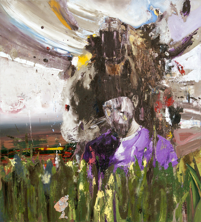 DAYRON GONZÁLEZ <br>
Self Portrait With Head of a Lion<br>
<i>(Autorretrato con Cabeza de León)</i>, 2016<br>
oil on canvas<br>
60 x 54 inches<br><br>
Illustrated in the upcoming IMPORTANT CUBAN ARTWORKS, Volume Fourteen.<br><br>
<i>Provenance:</i><br>
Acquired directly from the artist.