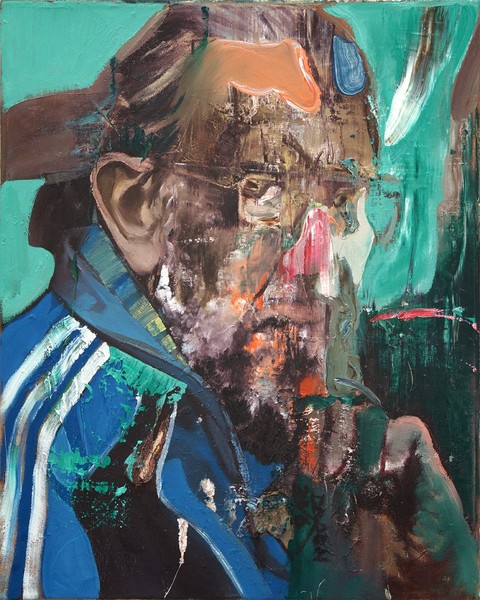 DAYRON GONZLEZ<br>
Portrait With Blue Jacket <br>
<i>(Retrato Con Abrigo Azul)</i>, 2016<br> 
oil on canvas <br>
20 X 16 inches<br><br>

<i>Provenance:</i><br> 
Acquired directly from the artist.
