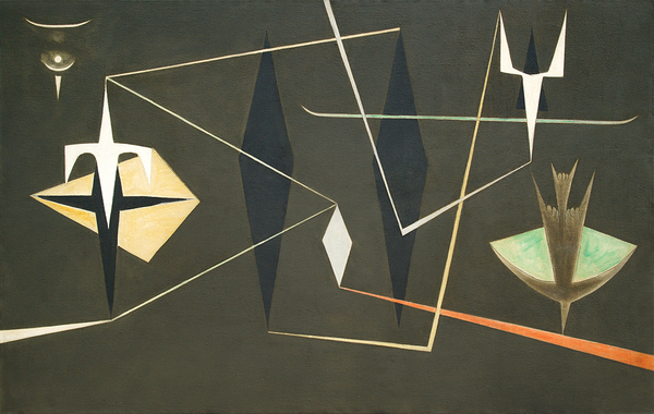 WIFREDO LAM<br>
Untitled [Arcane Dreams],<br>
<i>(Sin T�tulo [Sue�os Arcanos])</i>,<br>
ca. 1955,<br>
oil on canvas,<br>
58 7/8 x 94 1/4 inches<br><br>

Signed and dated on the mid left.<br><br>
<i>Provenance:</i><br>
Dr. Ren� D�az de Villegas y D�Estrampes and Lydia Casas de D�az de Villegas, <br>Havana, Cuba,
who acquired it from the artist;<br> Private Collection, Zaragoza, Spain;<br> By descent to the present owner.<br><br>
<i>Exhibitions:</i><br>
Exhibited in <i>Wifredo Lam</i>, University of Havana, Pabell�n de Ciencias Sociales,<br> Havana, Cuba, March 22 - April 22, 1955.<br><br>
<i>Illustrations:</i><br>
Illustrated in the magazine, <i>Espacio</i>, A�o IV - No. 17, January-April 1955,<br> University of Havana, n.n.<br>
Illustrated in <i>Wifredo Lam: Catalogue Raisonn� of the Painted Work,<br> Volume I, 1923-1960,</i>
Project Director: Eskil Lam,<br> Acatos 1996, page 462, no. 55.36.<br>
Illustrated in <i>Wifredo Lam</i>, �ditions Centre Pompidou,<br> Paris, France, 2015, page 213, no. 40.<br><br>
This painting is accompanied by a photo-certificate of authenticity signed by<br>
Monsieur Eskil Lam, dated Paris, August 31, 2015, no. 15.09.