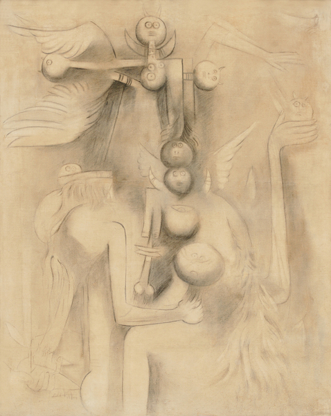 WIFREDO LAM,<br>
Untitled [Presences],<br> <i>(Sin T�tulo [Presencias])</i>,<br> 1944,<br> oil on canvas,<br> 42 1/8 x 33 1/2 inches<br><br>
<i>Provenance:</i><br> Galerie Boulakia, Paris, France;<br> Galerie 3+2, Paris, France;<br> Private Collection, Paris, France;<br>
Private Collection, Coral Gables, Florida;<br> Private Collection, Lucerne, Switzerland.<br><br>
<i>Exhibitions:</i><br>
Exhibited in Christie�s New York, Latin American Sale, November 20-21, 2012, lot no. 17<br>
and illustrated in the accompanying exhibition catalog, pages 34 and 35.<br>
Illustrated in <i>Wifredo Lam: Catalogue Raisonn� of the Painted Work, Volume I, 1923-1960,</i><br>
Project Director: Eskil Lam, Acatos 1996, page 358, no. 44.63.<br>
Illustrated in the book <i>Wifredo Lam</i>, by Max-Pol Fouchet, Ediciones Pol�grafa,<br> S.A. Barcelona, Spain, First Edition 1976, page 234, no. 402.<br>
Illustrated in <i>Wifredo Lam</i>, by Max-Pol Fouchet, Ediciones Pol�grafa,<br> S.A. Barcelona, Spain, Second Edition 1989, page 254, no. 434.<br>
Illustrated in <i>Important Cuban Artworks, Volume Eleven, Cernuda</i> Arte, Coral Gables, Florida,<br> December 2014, page 33.<br><br>
This painting is accompanied by a photo-certificate of authenticity signed by the artist,<br> Wifredo Lam, dated Paris, April 20, 1971.