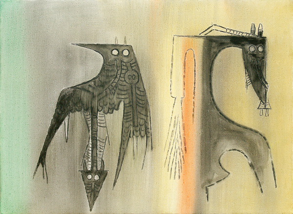 WIFREDO LAM<br>
At the End of the Question,<br><i> (Al Final de la Pregunta)</i>,<br> ca. 1971,<br> oil on canvas,<br> 19 3/4 x 27 1/2 inches<br><br>
<i>Provenance:</i><br> Private Collection, Milan, Italy.<br><br>
<i>Exhibitions:</i><br>
Exhibited in <i>Wifredo Lam</i>, Galleria Gissi, Turin, Italy, April 1978.<br><br>
<i>Illustrations:</i><br>
Illustrated in <i>Wifredo Lam: Catalogue Raisonné of the Painted Work, Volume II, 1961-1982</i>,<br>
Project Director: Eskil Lam, Acatos 2002, page 348, no. 71.04.