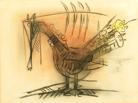 WIFREDO LAM<br> Untitled [Bird],<br> <i>(Sin T�tulo [P�jaro])</i>,<br> 1964,<br>
pastel on heavy paper laid down on canvas,<br> 19 x 25 inches<br><br>
This artwork is accompanied by a photo-certificate of authenticity signed by<br> Madame Lou Laurin Lam,
dated September 22, 2011.