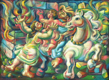 MARIO CARREÑO<br> Fire in the Farm,<br> <i>(Fuego en el Batey)</i>,<br> 1943,<br> duco and oil on wood panel,<br> 48 x 65 inches<br><br>
<i>Provenance:</i><br> The Collection of Milton and Nona Ward, Baldwin, New York;<br> Private Collection, Santo Domingo, Dominican Republic.<br><br>
<i>Exhibitions:</i><br>
Exhibited in Galería del Prado, Havana, Cuba, 1943.<br>
Exhibited in <i>Carreño: óleos-ducos, gouaches, acuarelas</i>, Galería Lyceum, Havana, Cuba,<br>
November 9-16, 1943, and listed as number 9 in the exhibition brochure.<br>
Exhibited in Christie’s Latin American Sale, New York, May 28-29, 2009, lot no. 10.<br>
Exhibited in <i>Fuego en el Batey, Cernuda</i> Arte, Coral Gables, Florida, July 3, 2009,<br> and illustrated on the cover of the invitation.<br>
Exhibited in <i>Cuban Art & Identity: 1900-1950</i>, Vero Beach Museum of Art,<br> Vero Beach, Florida, curated by Juan A. Martínez, PhD,<br>
October 19, 2013 - February 2, 2014, and illustrated in the museum catalog, page 24.<br><br>
<i>Literature:</i><br>
Guy Pérez Cisneros, <i>“Mario Carreño,” Grafos Havanity,</i> no. 117, Year X, Havana,<br> November-December 1943, p. 17-19.<br>
José Gómez Sicre, <i>Cuadernos de Plástica Cubana I, Carreño</i>, Ediciones Galería del Prado,<br> Havana, 1943, illustrated.<br>
José Gómez Sicre, <i>Cuban Painting of Today</i>, María Luisa Gómez Mena, Havana,<br> 1944, p. 100, illustrated.<br>
L. Gómez Wangüemert,<i> “La exposición de Carreño en el Lyceum,”</i> Carteles, Havana,<br> November 1944, illustrated.<br>
José Gómez Sicre, <i>Carreño</i>, Pan American Union, Washington, D.C., 1947.<br>
Loló de la Torriente, <i>Estudio de las artes plásticas en Cuba</i>, Havana, 1954, p. 174-175.<br>
José Gómez Sicre, <i>Art of Cuba in Exile</i>, Editora Munder, Miami, 1987, p. 53, illustrated.<br>
Mario Carreño, <i>Cronología del recuerdo</i>, Editorial Antártica, Santiago, 1991.<br>
Guy Pérez Cisneros, <i>Antología de la crítica de arte</i>, Editorial Letras Cubanas, 2000, p. 173.<br>
J. R. Alonso, <i>Los Ducos de Carreño</i>, Ediciones Vanguardia Cubana,<br> Madrid, (forthcoming publication date to be announced).