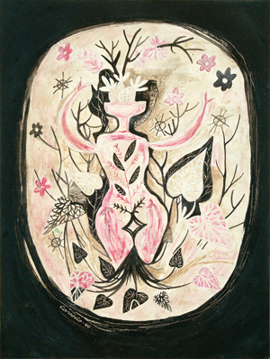 MARIO CARREÑO<br>
Woman in the Garden,<br> <i>(Mujer en el Jardín)</i>,<br> 1946,<br>
mixed media on heavy paper laid down on board,<br>
11 1/2 x 9 inches<br>
<i>Provenance:</i><br>
The Anselmo and Meredith Rae Reyes Collection, Virginia.