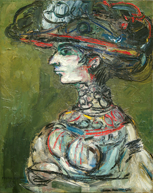 RENÉ PORTOCARRERO<br> Second Portrait of Flora,<br> <i>(Segundo Retrato de Flora)</i>,<br> 1965,<br> oil on canvas,<br> 33 x 26 inches<br><br>
<i>Provenance:</i><br> Private Collection, Mexico City, Mexico.<br><br>
<i>Exhibitions:</i><br>Exhibited in René Portocarrero, Museo de Arte Moderno, Bosque de Chapultepec,<br> México, May 1965,
and listed in the exhibition catalog, no. 15.