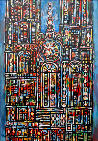 REN� PORTOCARRERO<br> Cathedral in Blue,<br> <i>(Catedral en Azul)</i>,<br> 1975,<br>
mixed media on heavy paper laid down on canvas,<br> 30 x 21 inches<br><br>
<i>Provenance:</i><br> Private Collection, Pembroke Pines, Florida;<br> Private Collection, Le Vaud, Switzerland.<br><br>
<i>Illustrations:</i><br>
Illustrated in <i>Important Cuban Artworks, Volume Nine, Cernuda</i> Arte, Coral Gables,<br> Florida, December 2010, page 62.<br>
Illustrated in the book, <i>Todo Sobre Portocarrero</i>, Ram�n V�zquez D�az, Axel Li and Jos� Veigas,<br>
Ediciones Vanguardia Cubana, 2014, page 246.