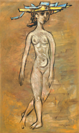 RENÉ PORTOCARRERO<br>Woman with Hat, <i>(Mujer con Sombrero)</i>,<br> 1957,<br>
oil on canvas,<br> 39 x 23 1/2 inches<br><br>
<i>Provenance:</i><br> Private Collection, Santiago de Chile.<br><br>
<i>Exhibitions:</i><br>
Exhibited in Sotheby's Latin American Art, New York, June 1, 2000,<br> and illustrated in the corresponding exhibition catalog, lot no. 194.