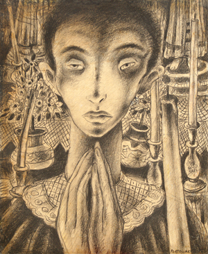 REN PORTOCARRERO<br>
Praying Figure,<br>
<i>(Figura Orante)</i>,<br> ca. 1937,<br>
mixed media on heavy paper
laid down on board,<br>
14 x 11 inches<br><br>
<i>Provenance:</i><br>
Private Collection,
Managua, Nicaragua.