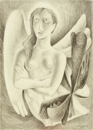 RENÉ PORTOCARRERO<br>
Angel,<br> <i>(Angel)</i>,<br> 1942,<br>
graphite on heavy paper
laid down on board,<br>
9 3/4 x 7 inches<br><br>
<i>Provenance:</i><br>
This painting was part of the
Betty Jane “Lindy” Bergman
Collection (1918-2014).<br><br>
Ms. Bergman was an
important collector of 20th century
Modern art<br> who donated
major works to the
Chicago Art Institute,<br>
including paintings by
Picasso, Miró, Dalí, Magritte,
Lam and others.